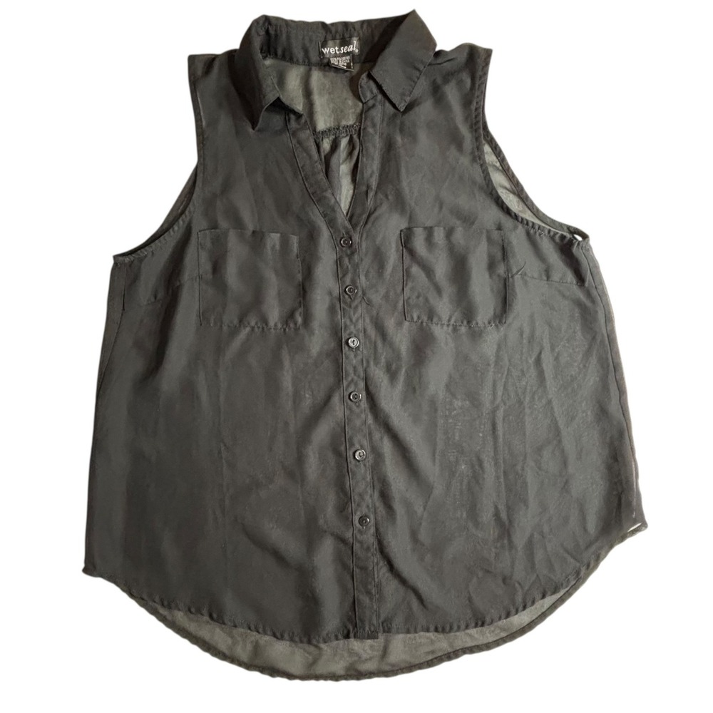 Wet Seal Black Sleeveless Button Down Shirt Collared Pockets Blouse‎ XL